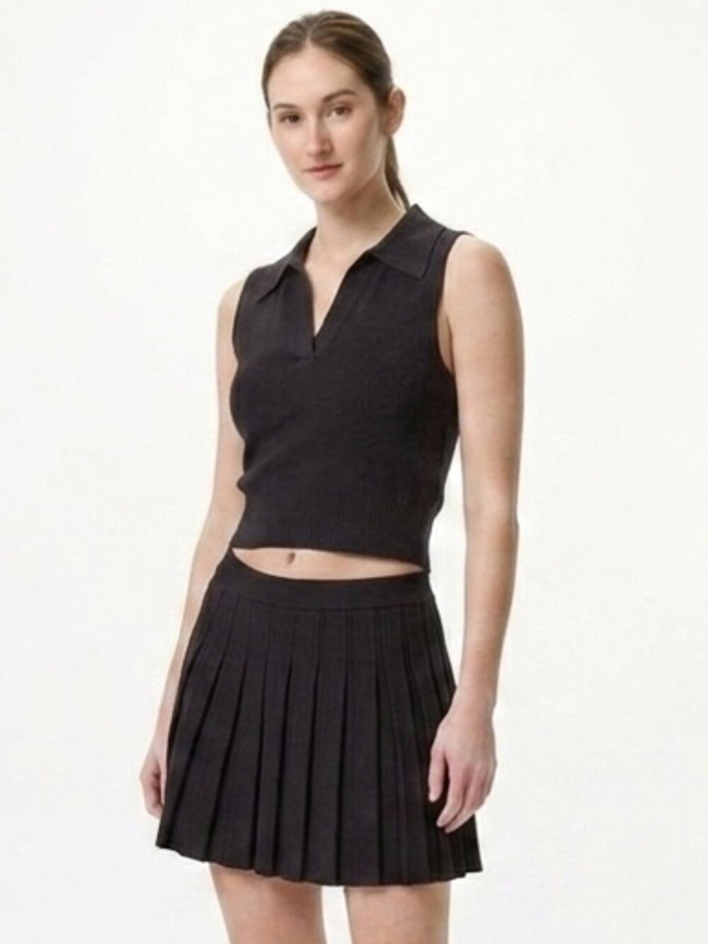 A New Day Black Cropped Sleeveless Polo Top & Pleated Mini Skirt Set